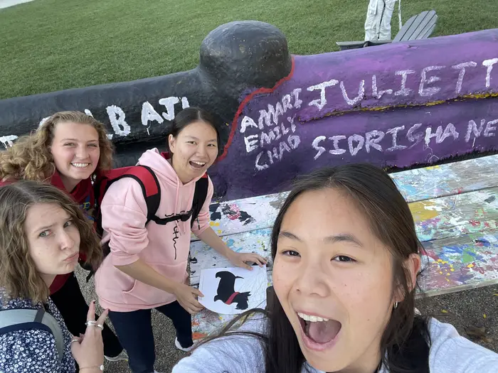 Students smiling for a selfie in front of The Fence