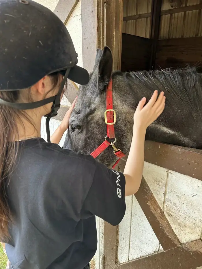 Sofia petting a horse