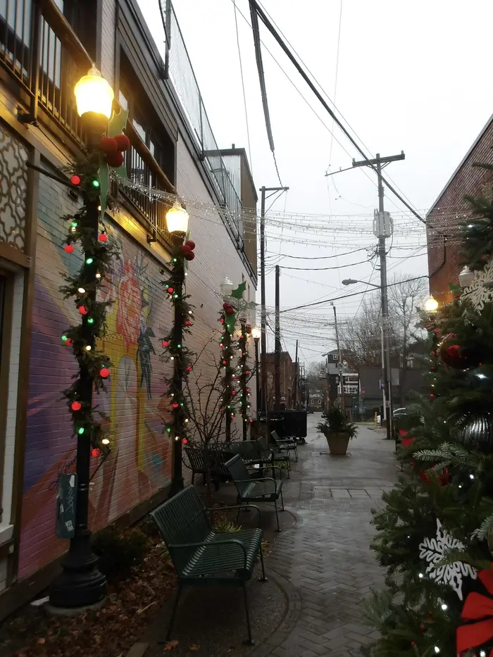 Photo of a decorated alley on Walnut Street