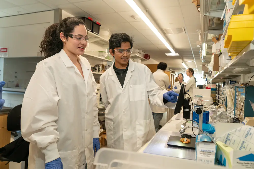 An image of two students in a lab.