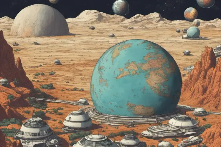 Newman used AI to create this image of Earth embedded in the surface of another planet, buildings and roads surrounding it, with space and other planets in the background.